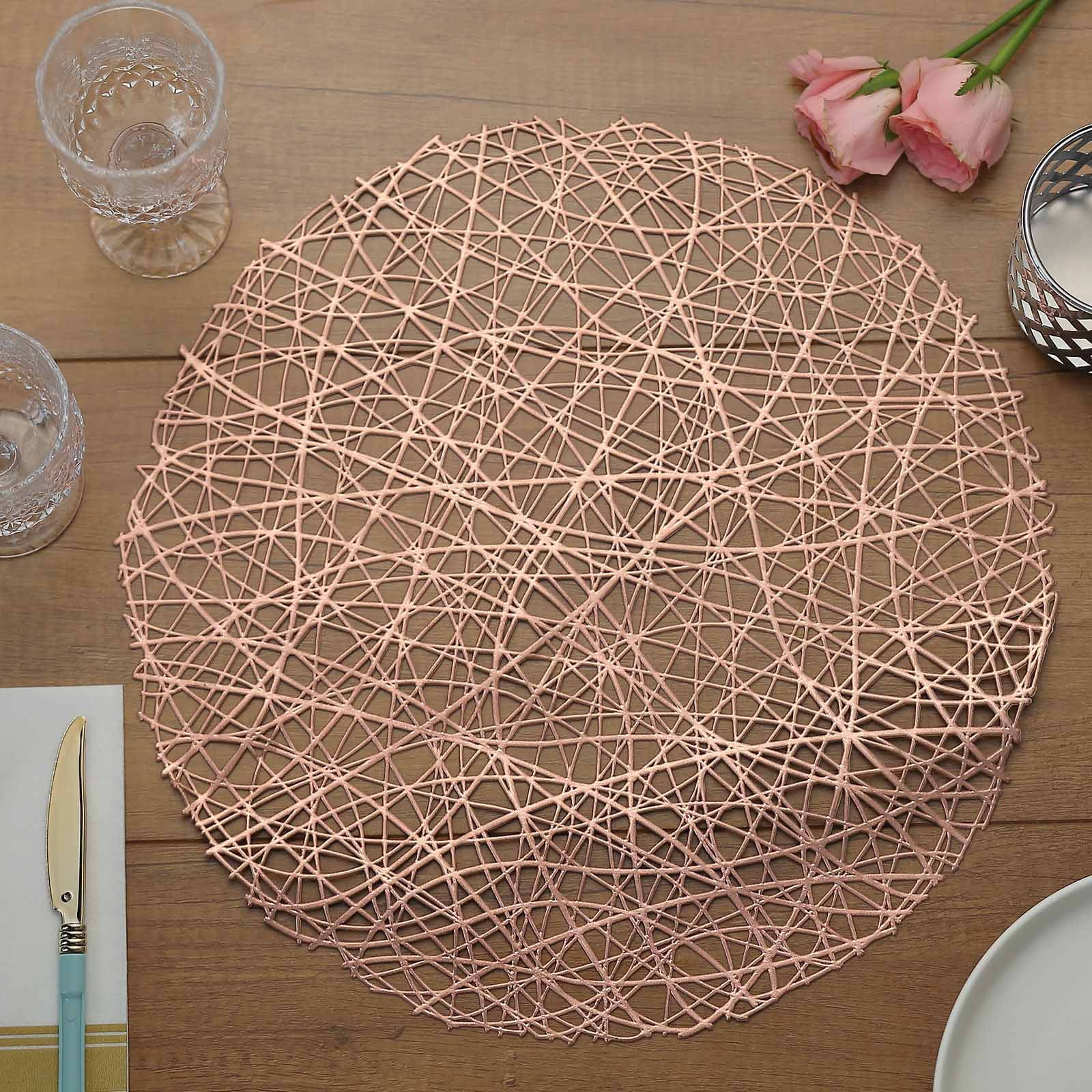 6 Pack 15 Rose Gold Metallic Non-Slip Placemats, Wheat Design Round Vinyl Table Mats | by Tableclothsfactory