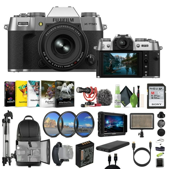 Fujifilm X-T50 Mirrorless Digital Camera XF16-50mmF2.8-4.8 R LM WR Lens Bundle Kit With 128GB UHS-II Memory Card Tripod Video LED Light Rode Microphone 7" HD Monitor More Accessorie - Silver