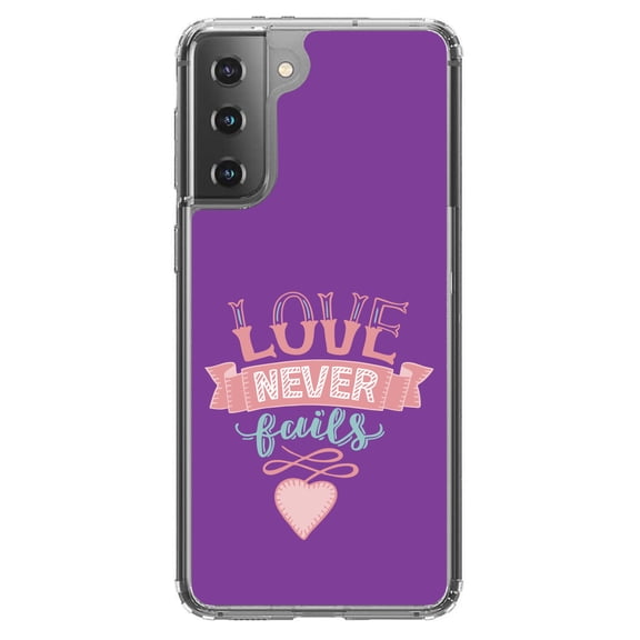 DistinctInk Clear Shockproof Hybrid Case for Galaxy S21 5G (6.2" Screen) - TPU Bumper, Acrylic Back, Tempered Glass Screen Protector - 1 Corinthians 13 - Love Never Fails - Heart