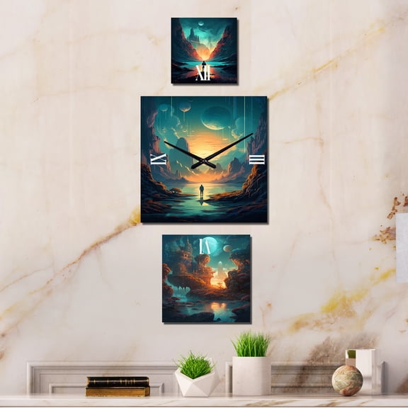 Designart "Engulfed by the Galaxy IV" Space Multipanel Clock For Living Room Décor - Large Modern Wall Clock - Oversized Teal Wall Clock - Set Of 3