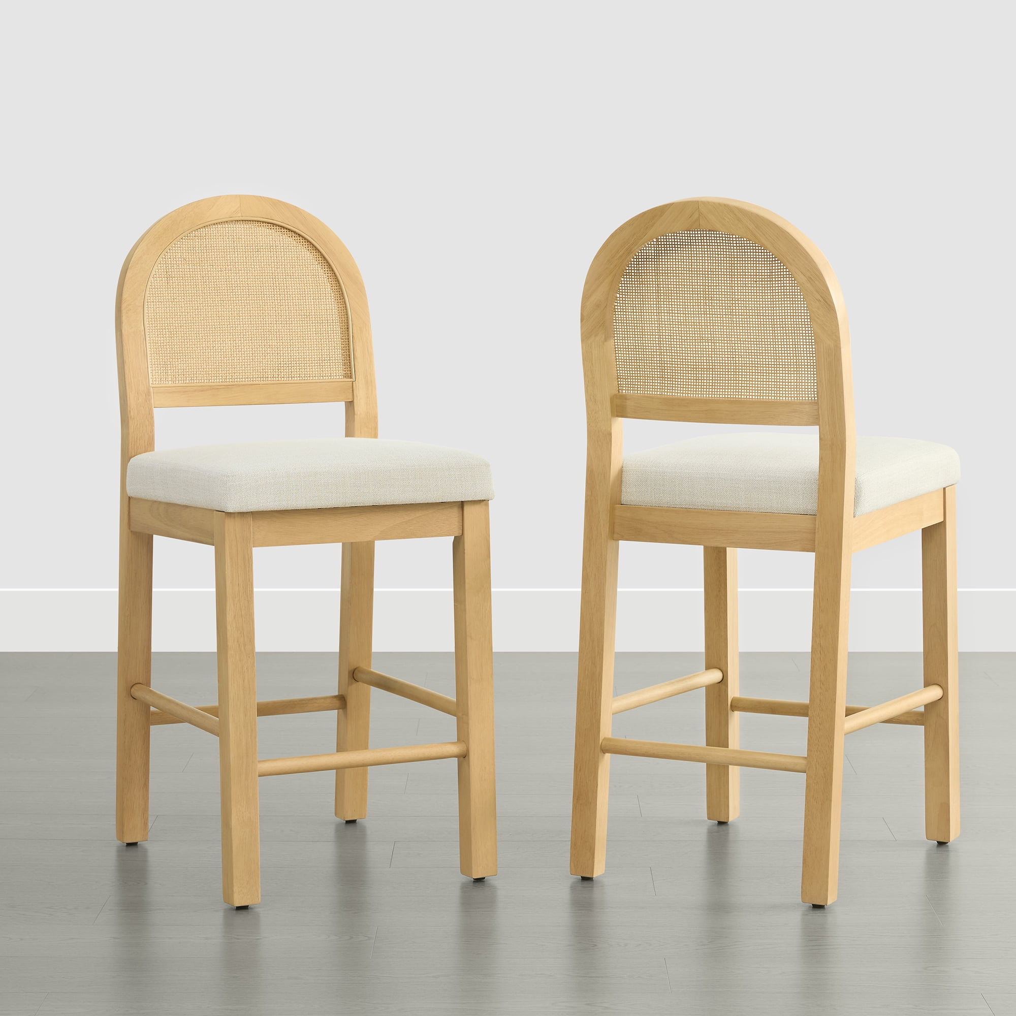 Spruce & Spring Boho Rattan Counter Stool with Solid Wood Frame and Upholstered Seat Set of 2, Natural