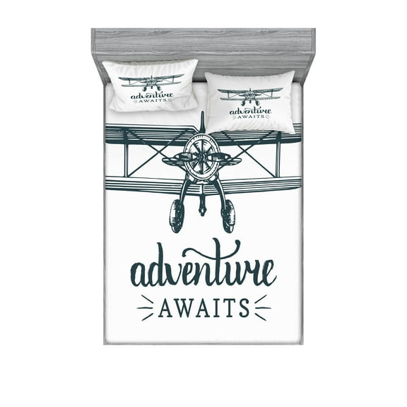 Ambesonne Saying Fitted Sheet & Pillow Sham Set, Freedom Adventure Message, Queen, Dark Petrol Blue White