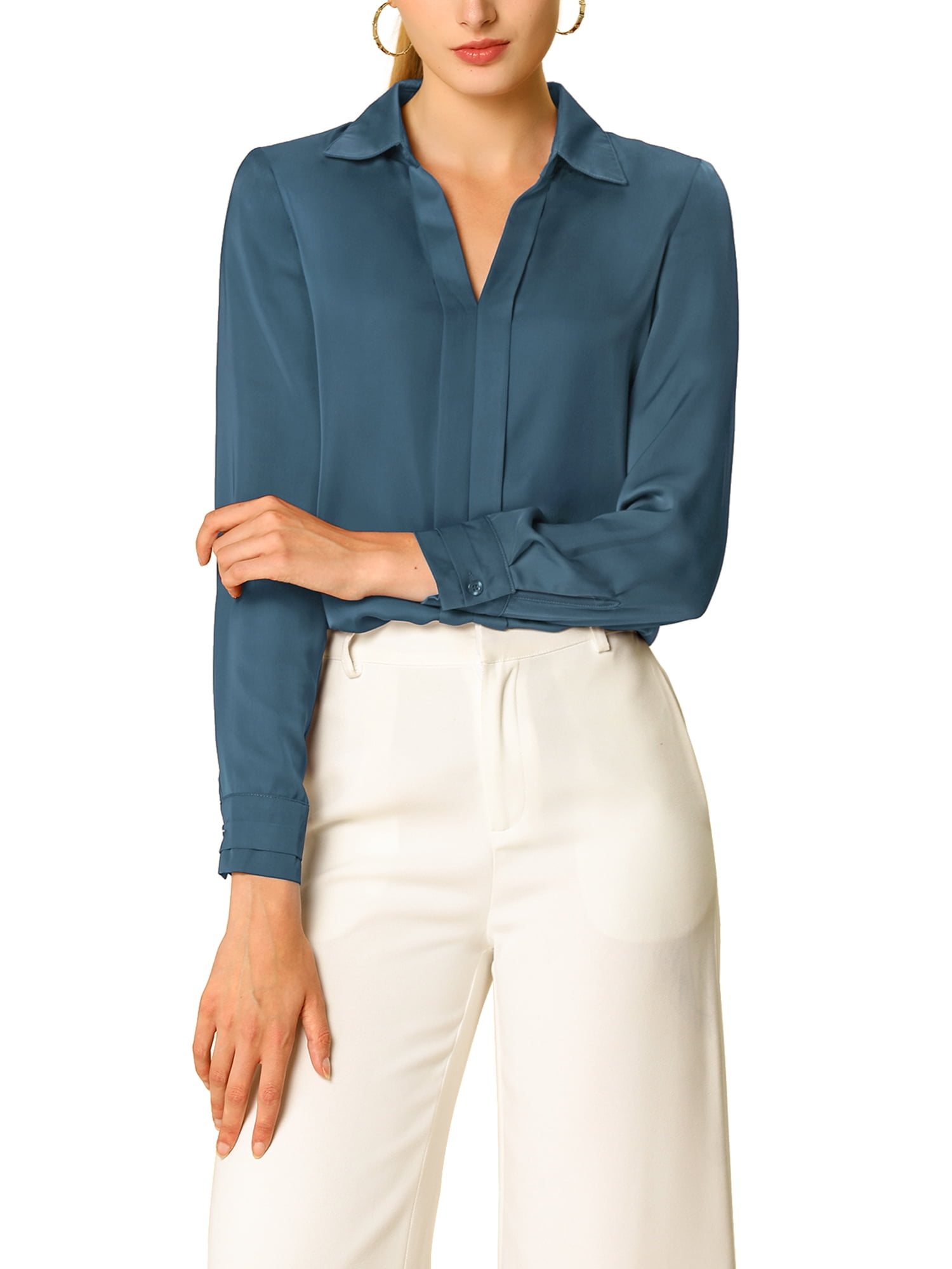 DARING DIVA Women's V Neck Classic Work Office Long Sleeve Shirt L Gray Blue