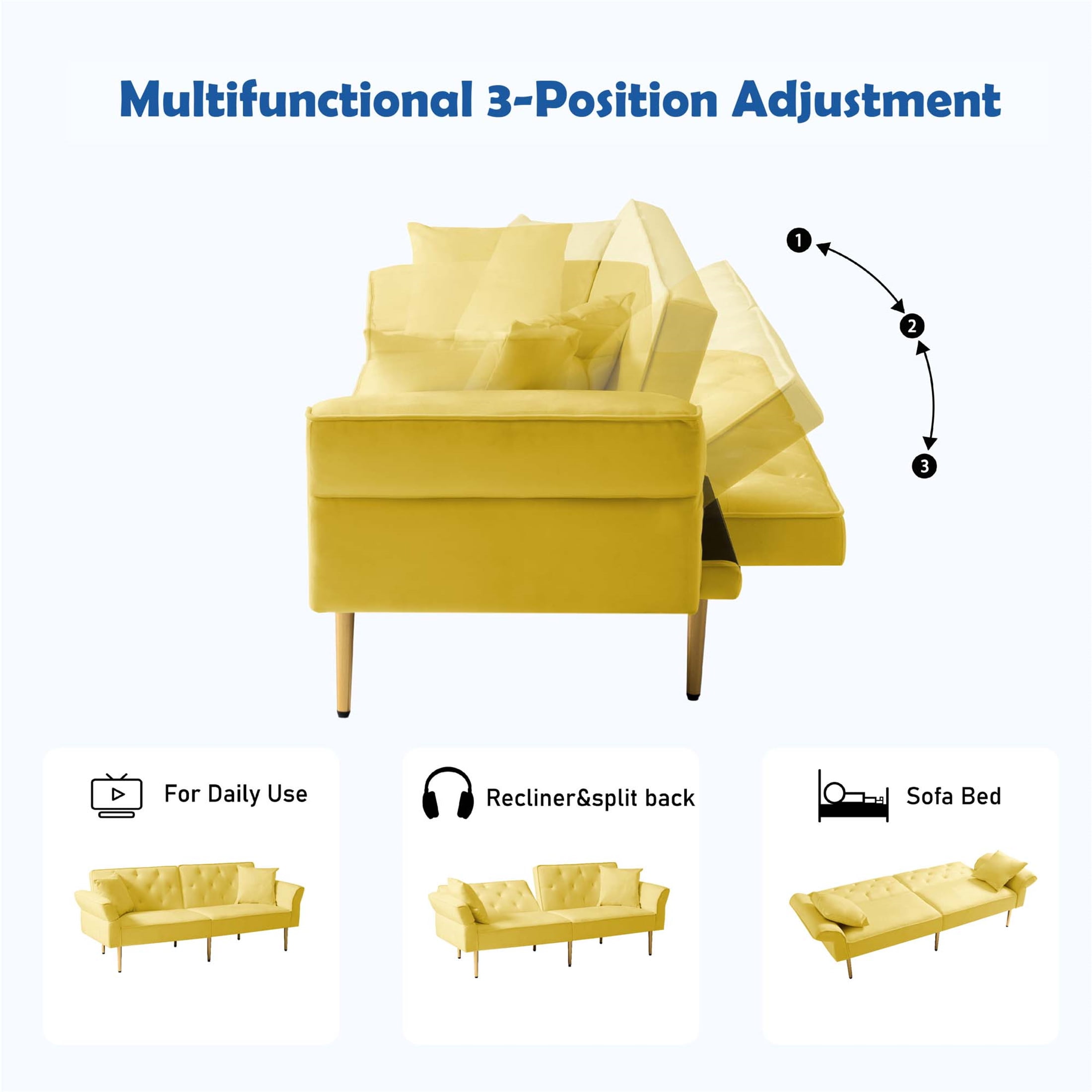 Aukfa 84" Wide Velvet Futon Convertible Sofa for Living Room, Folding Arm, 2 Pillows, Yellow