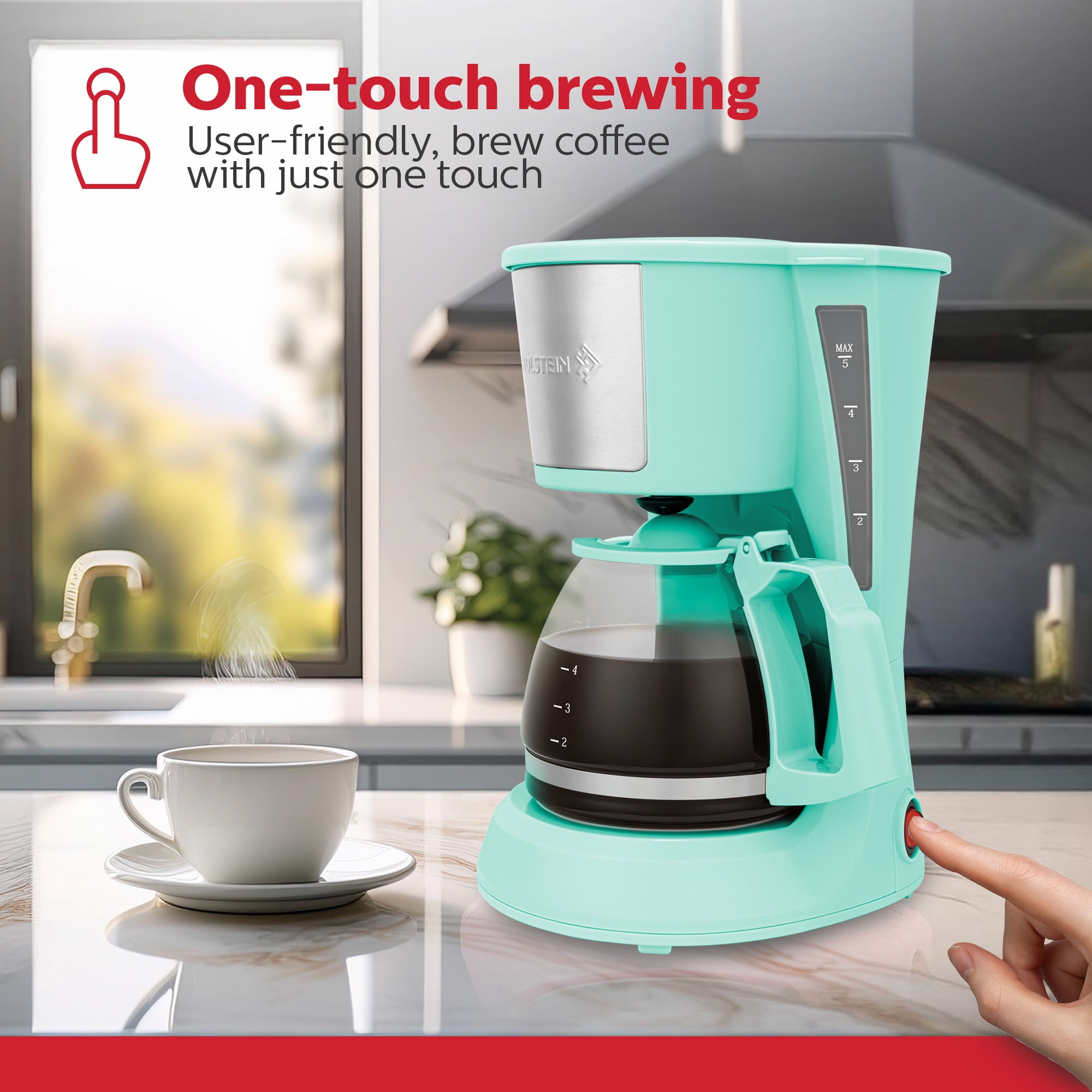 Holstein Housewares 5 Cup Drip Coffee Maker - Mint- Auto Pause and Serve, Removable Filter Basket, and Full View Water Window - Perfect for Brewing Rich-Tasting Coffee at Home