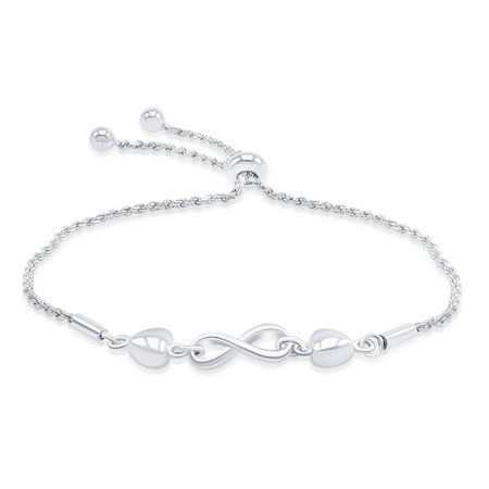 14k White Gold Over Sterling Silver Infinity Double Heart Adjustable Bolo Bracelet for women