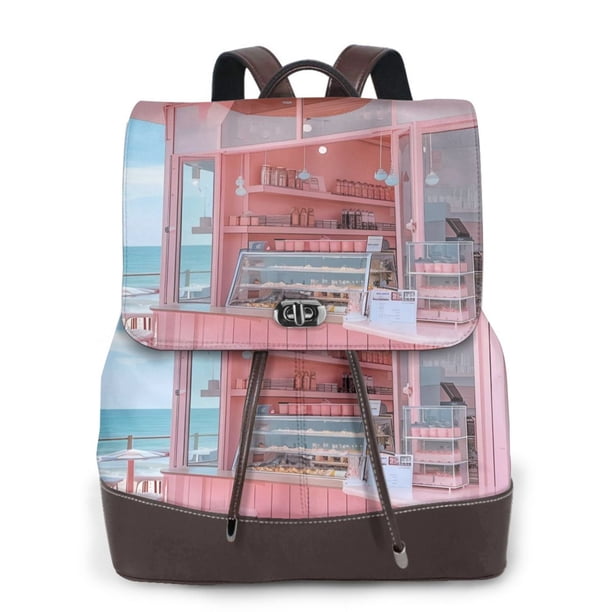 Balery Pastel Pink Beach Cafe Mochila de Cuero para Mujeres, Gran Capacidad, Bolsa de Viaje Multifuncional, Mochila de Cuero y Bolsa de Hombro para Mujeres