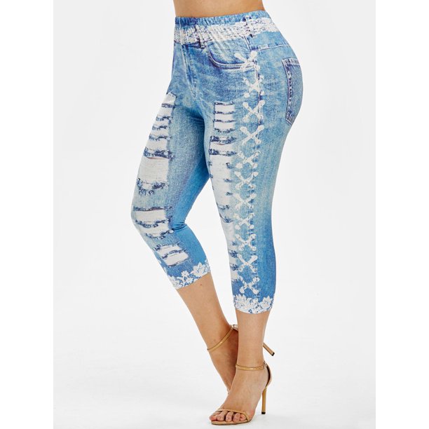 Plus 3D Tamaño Jean Imprimir flaco Capri Leggings Rosegal Leggings de talla grande