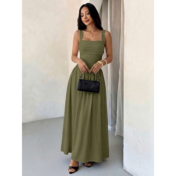 Petite Womens Army Green Solid Square Neck Ruched Flared Maxi Dress For Spring Summer