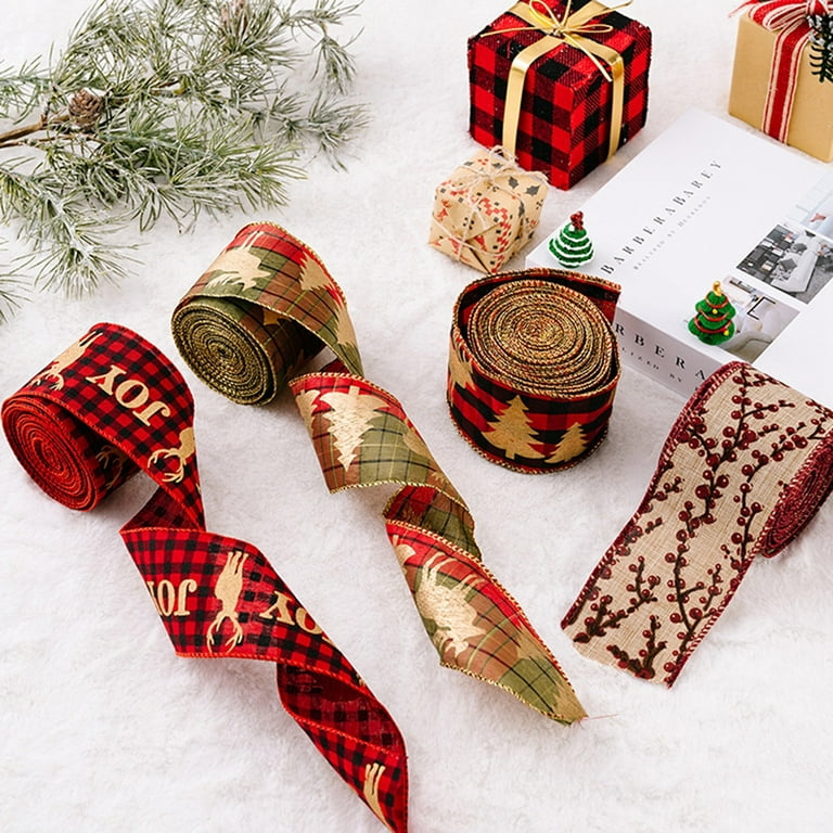4 Rolls Christmas Wired Edge Ribbons, 5 Yards 2.5 Inches Plaid Ribbon for Craft Christmas Tree Truck Ribbon Deer Burlap Ribbon for Xmas Holiday Decor