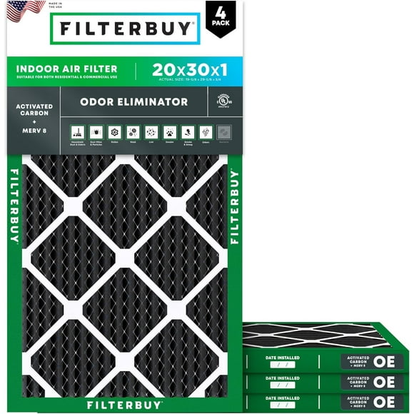 Filterbuy 20x30x1 MERV 8 (MPR 600) Éliminateur d'Odeurs, Filtres à Air Plissés pour CVCA/climatiseur de Four (Lot de 4)