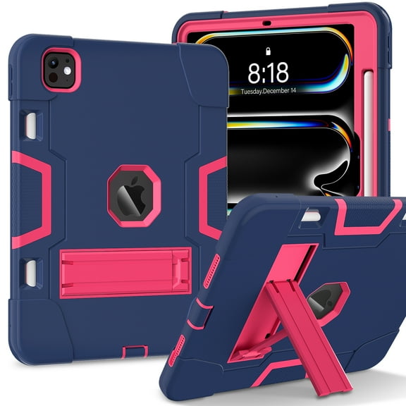 ELEHOLD Case for iPad Pro 11 inch (M4) 2024,Heavy Duty Hard PC Silicone Case Hidden Kickstand Anti-Scratch Shockproof Cover for Kids Men Women,Navyblue Rose