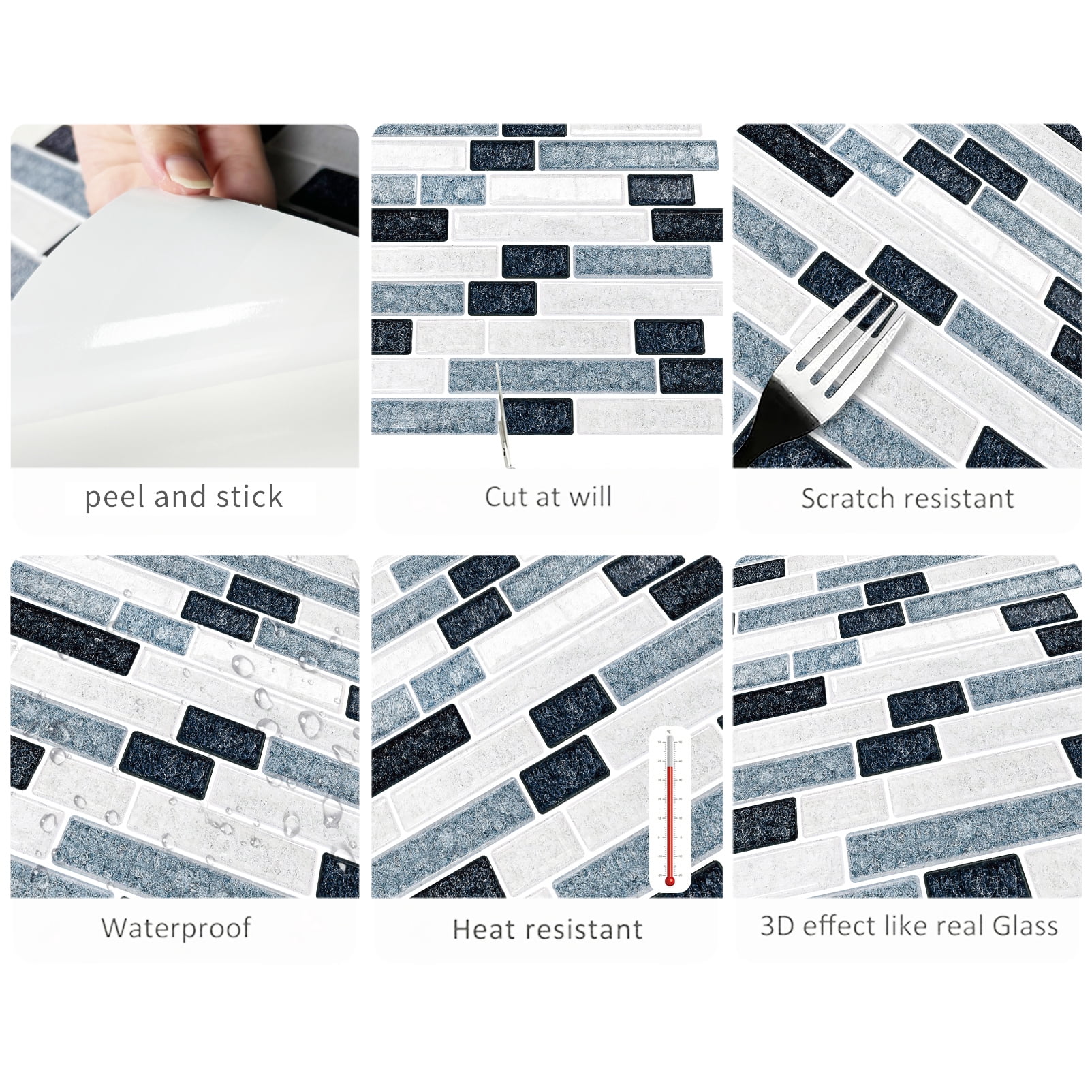 DEWOO Peel and Stick on Self Adhesive Backsplash Wall Marble Tiles Stickers 3D for Kitchen Bathroom,Dark Blue (10-Sheet, 12"×12")