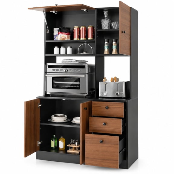 Freestanding Kitchen Buffet Hutch Cabinet, 71 Inch Tall Pantry with 3 Cabinets and Drawers, Adjustable Shelves, Microwave Shelf, for Living Room Dining Room, Walnut