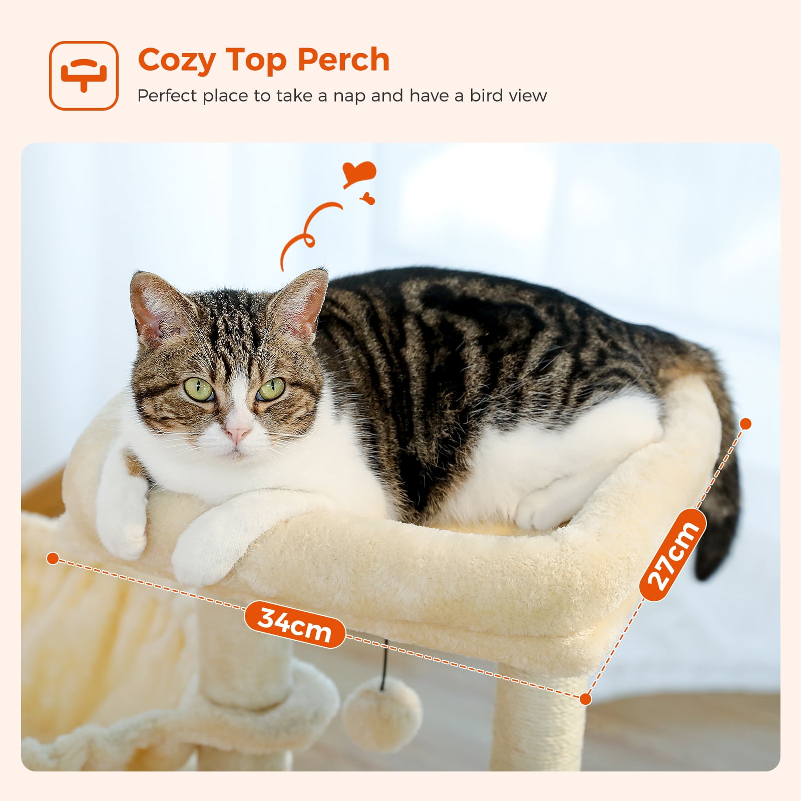 PAWZ Road Cat Tree 28.3" Cat Tower with Large Basket Top Perch and Scratching Posts Pad for Indoor Cats, Beige