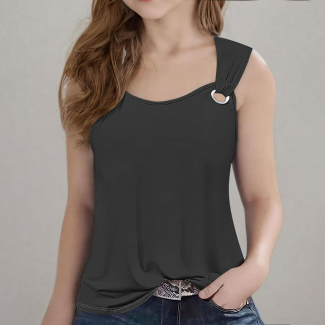 MKOSPLRT Débardeurs d'Été pour Fille Col Rond avec Anneau Tunique Débardeurs Sans Manches Décontractés Couleur Unie Mignons Camisoles Fluides