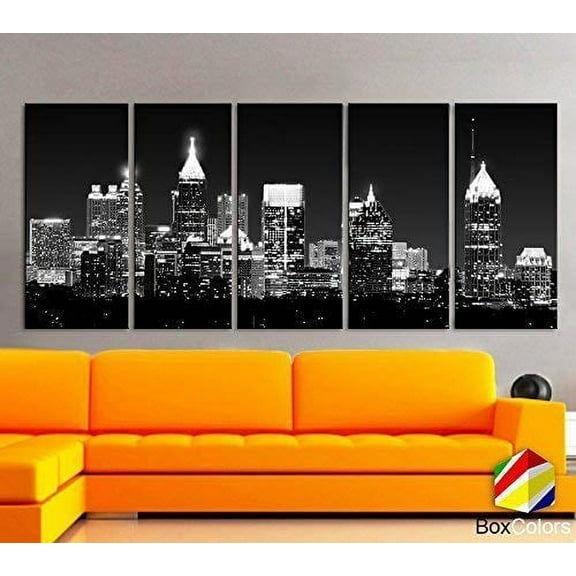 Original by BoxColors XLARGE 30"x 70" 5 Panels 30"x14" Ea Art Canvas Print Beautiful Atlanta skyline light buildings black & white Wall Home Office decor (framed 1.5" depth)