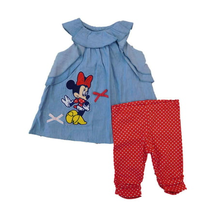 Disney Infant Girls Minnie Mouse Outfit Denim Shirt & Red Polka Dot Pants