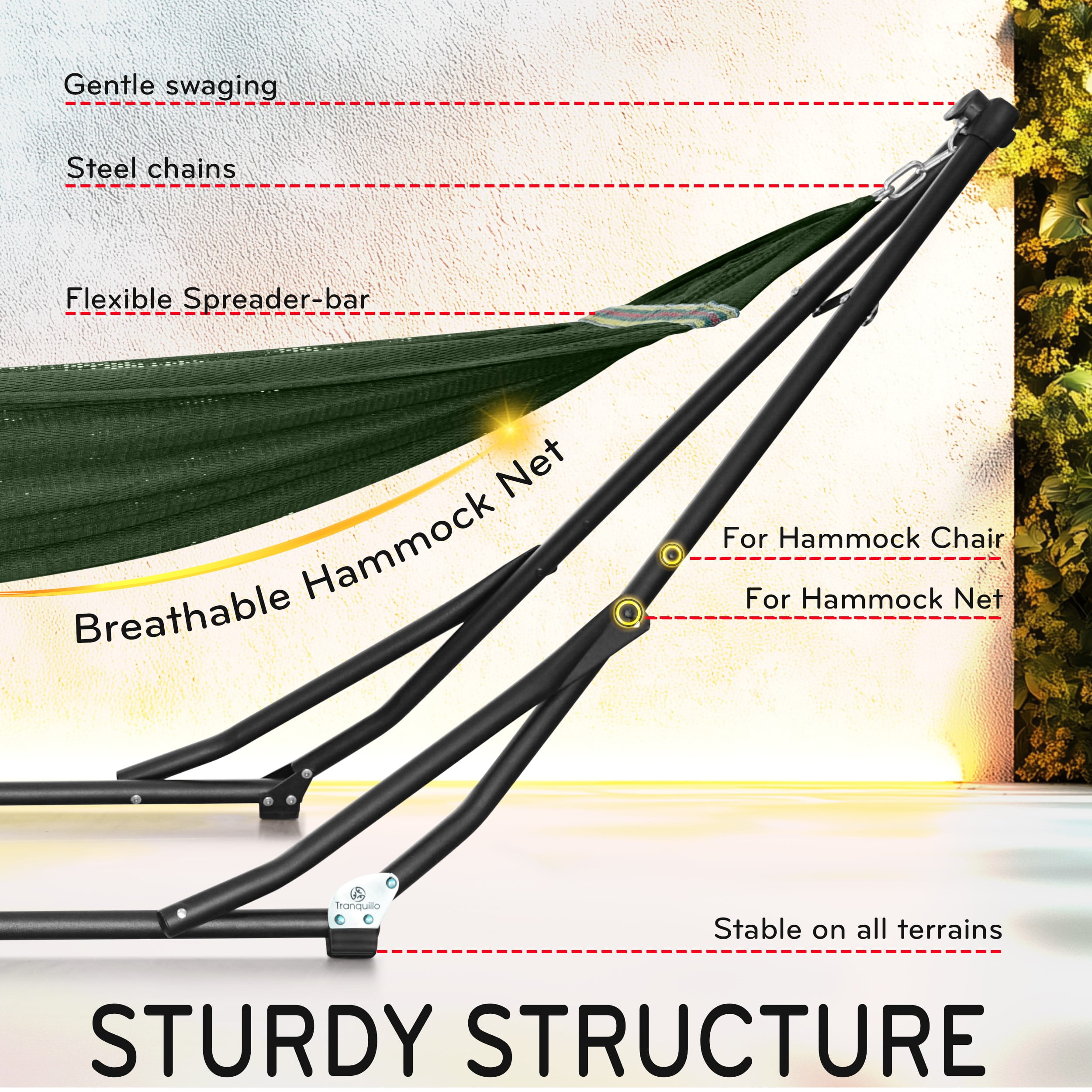 Tranquillo UniGen Hammock/Hammock with Stand for Outside, Double Hammock for 2 Persons Foldable Portable Hammock Stand 600 lbs Capacity/Portable Hammock with Stand Foldable, Moss Green