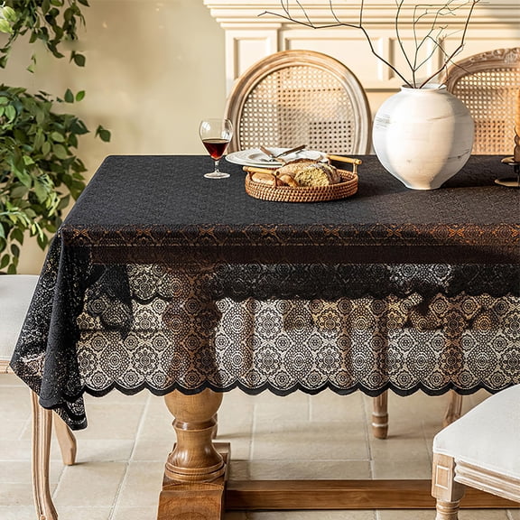 Black Lace Tablecloth Rectangular Vintage Embroidered Hollow Lace Fabric Table Cover Rustic Overlay Table Linen for Halloween Reception Wedding Party Decor, 140*200cm