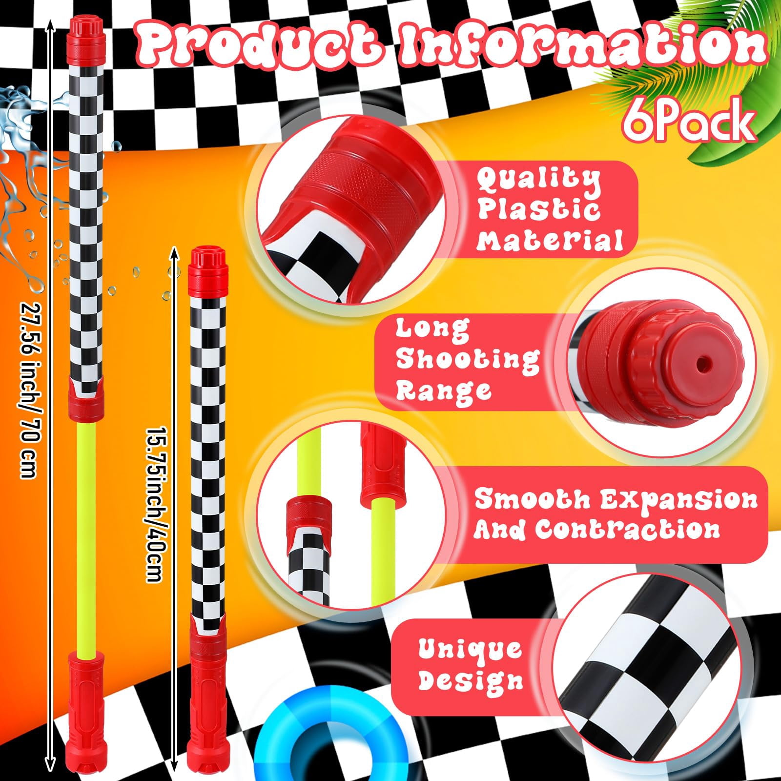 6 Race Car Water Blaster Shooters Black and White Checkered Summer Pool Beach Party Supplies