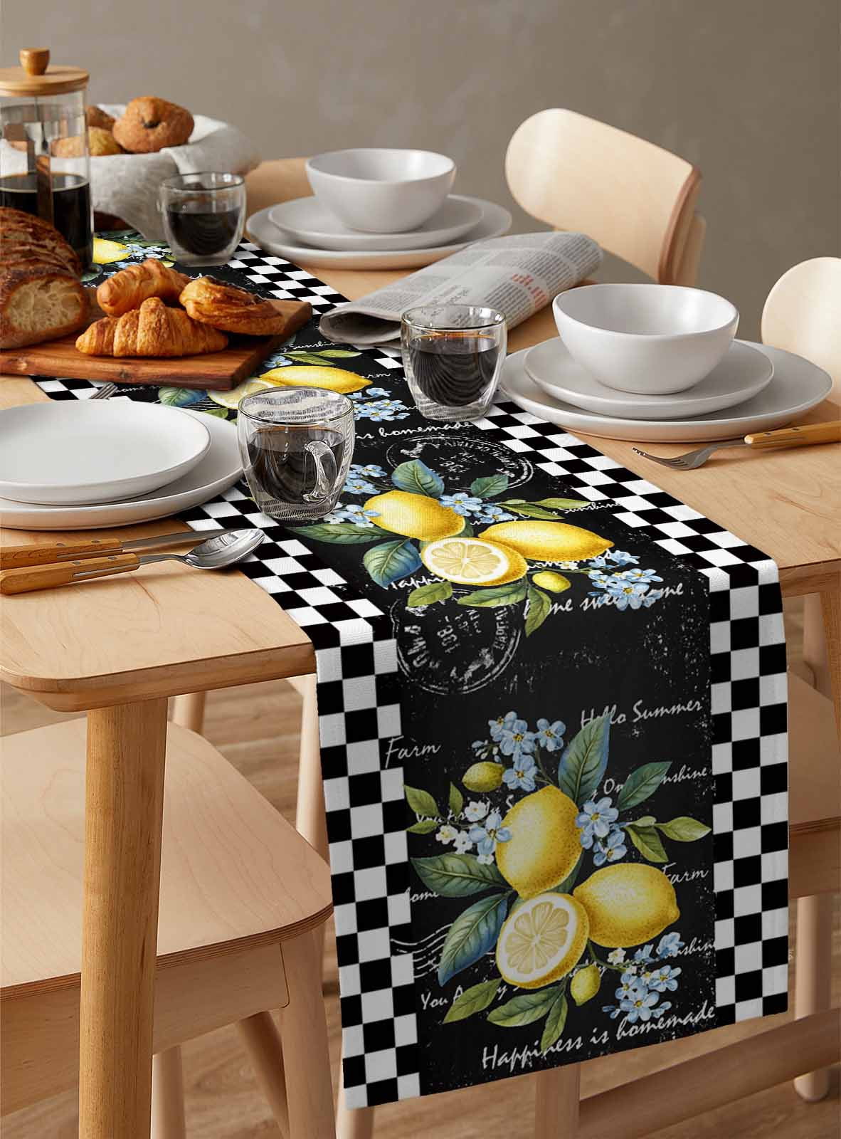 Summer Lemon Burlap Cotton Table Runner 13x90 Inches Long, Vintage Black Plaid Blue Spring Floral Farmhouse Table Runners, Outdoor Dining Tablecloths Decor for Baby Shower/Party/Wedding