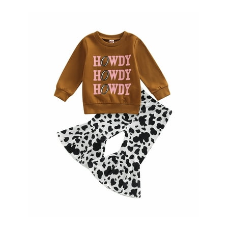 

sdghg Toddler Baby Girl Spring Clothes Set Long Sleeve Round Neck Letter Print Pullover + Cow Pattern Flare Pants