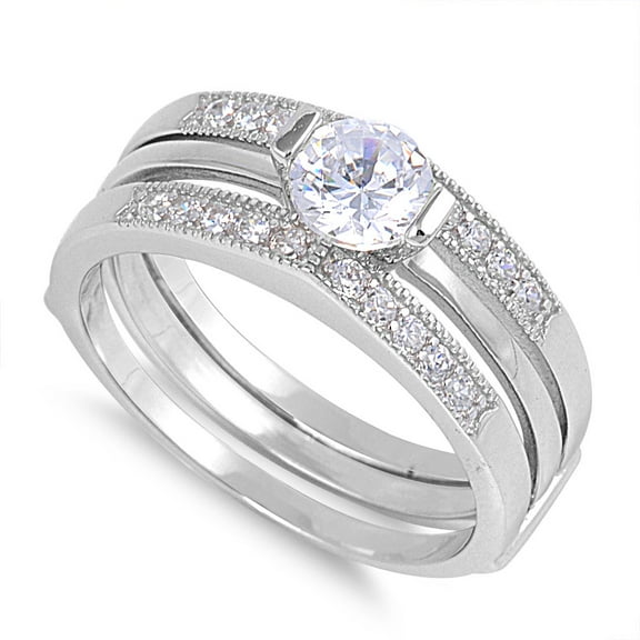Round Center Set of 2 Cubic Zirconia Ring Sterling Silver 925