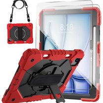 SOATUTO Case for iPad Air 11 Inch M3 M2 2025 2024 Heavy Duty Rugged Durability Silicone Cover with 360° Rotating Hand Strap, Stand,Shoulder Strap & Screen protector (Red/Black/2 PCS)