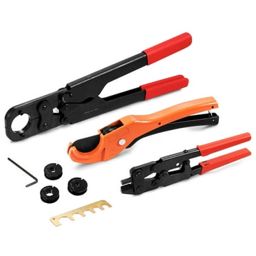 KFFKFF PEX Pipe Crimping Tool Kit, Pro Press Crimper for 3/8", 1/2", 3/4" Crimp Rings, with 3 Jaw Dies, PEX Tubing Cutter, Go/No-Go Gauge, Copper Ring Removal Tool, Meets ASTM F1807 Standards