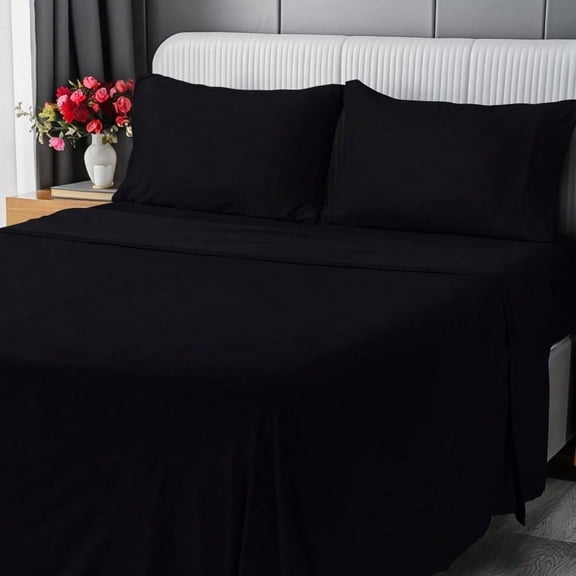 Utopia Jersey Knit 4-Piece Queen Sheet Set Cotton Sheets Soft Stretchy T-Shirt Fabric Queen Black