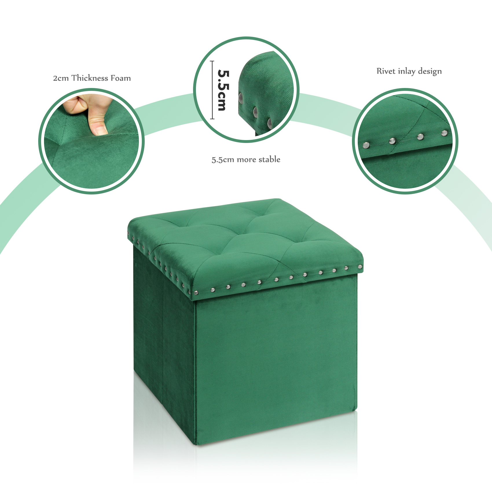 PINPLUS 15.7" Green Velvet Folding Storage Ottoman Cube, Small Foot Rest Stool, Window Seat for Living Room, Toy Chest Box with Rivet Tray - image 3 of 5