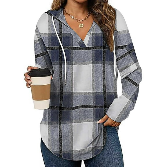 Women's Hoodies Classic Plaid Print Hooded Sweatshirt Fall Winter Long Sleeve Loose Pullover Sweatshirts Tops