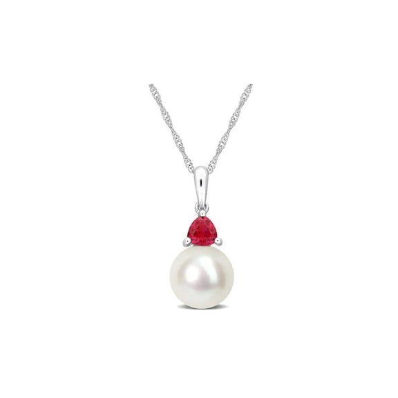 8-8.5mm Freshwater Cultured Drop Pearl Pendant Necklace with Lab-Created Ruby in 10K White Gold with Chain for Women