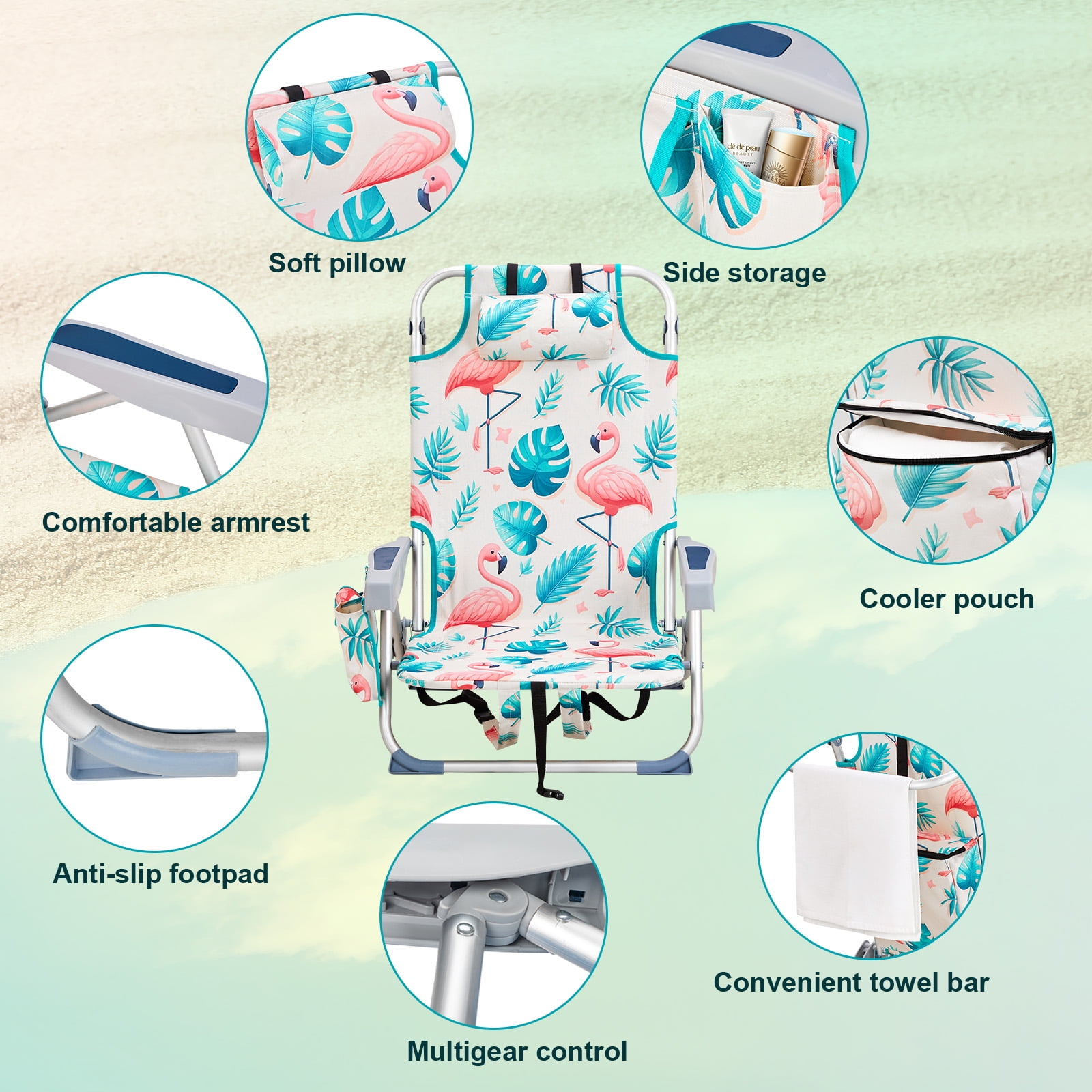 Beach Chair, Short Oxford Cloth Silver White Aluminum Tube Bearing Flamingo 63*65*82cm