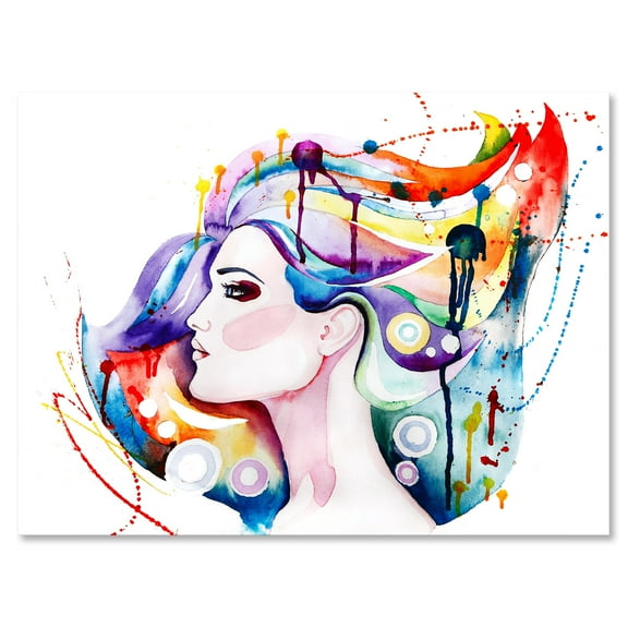 Designart ' Beautiful Young Woman With Colorful Hair ' Traditional Canvas Wall Art Print