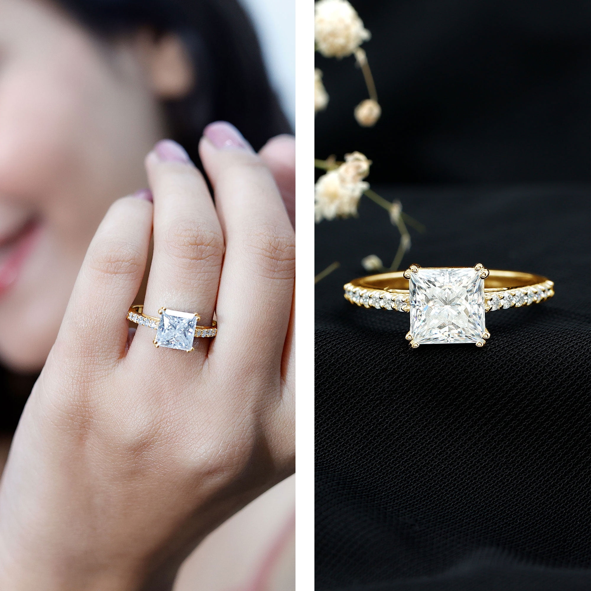 Rosec Jewels Moissanite Solitaire Engagement Ring for Women (8 mm Princess Cut Moissanite, 3 Ct, D-VS1 Grade), 14K Yellow Gold, US 13.00