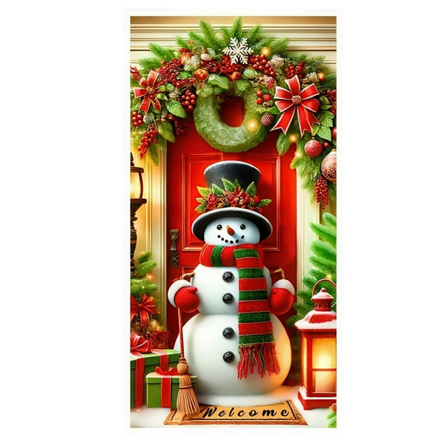 Eoozwa Merry Christmas Door Cover Christmas Fireplace Door Cover Backdrops Xmas Tree Printed Banner Background Xmas Nutcracker Porch Hanging Decorations, 35" x 71"