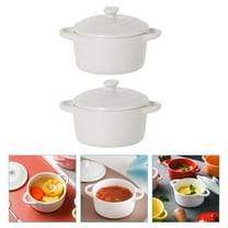 Omeite Microwavable double handle ceramic baking bowl 230ml with lid soup bowl anti-scalding steamed egg pudding bowl (bright white) 2pcs