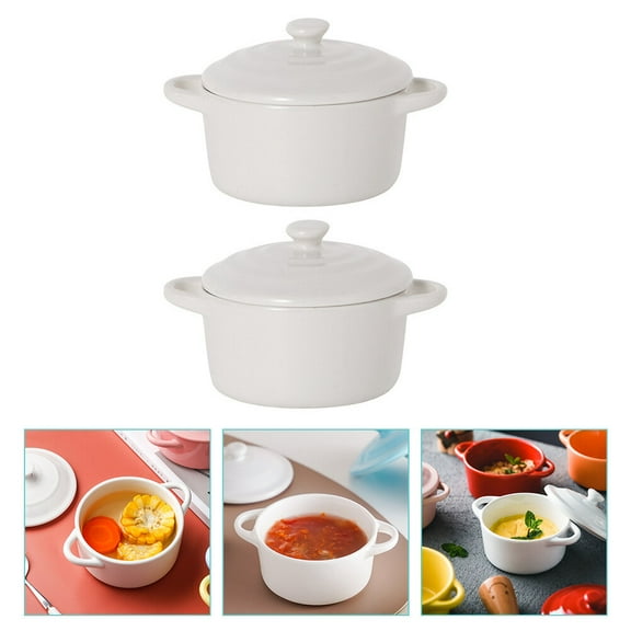 Omeite Microwavable double handle ceramic baking bowl 230ml with lid soup bowl anti-scalding steamed egg pudding bowl (bright white) 2pcs