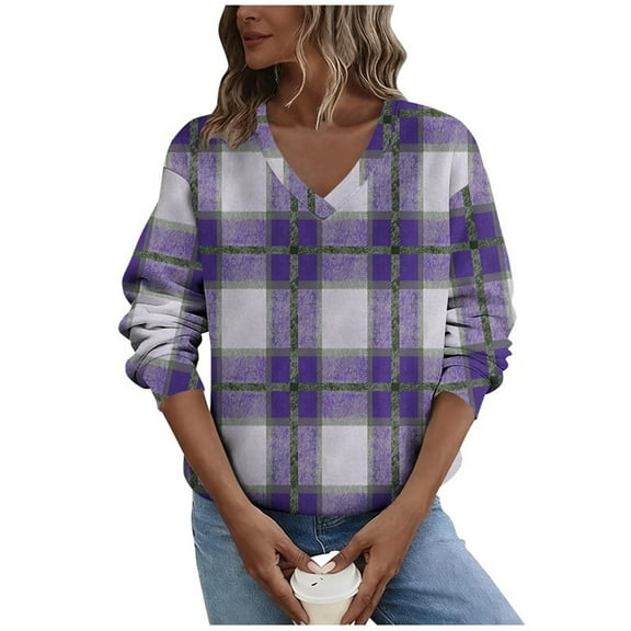 CHZAYXI Plaid Sweatshirts for Women Pullover Fall Loose Casual Long Sleeve V Neck Lightweight Fleece Lined Flannel Sweat Shirts Daily Cute Clothing(Purple,XL)
