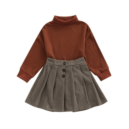 

Girls Casual Two-piece Clothes Set Brown Solid Color Turtleneck Sweater and Pleated Skirt 18 Months-6 Years