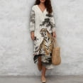 thumbnail image 4 of DISNIMO Tiger Tree Print Women Casual Maxi Dresses V Neck Loose Dress Lightweight 3/4 Sleeve Shift Dress Fashion Fall Dresses for Women, S, 4 of 6
