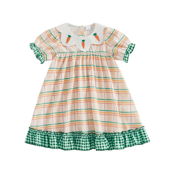 FINALGANG Girls Dress Toddler Plaid Dress With Carrot Embroidered Collared Gingham Ruffled Trim Puff Short Sleeves Summer Dress For Daily Wear