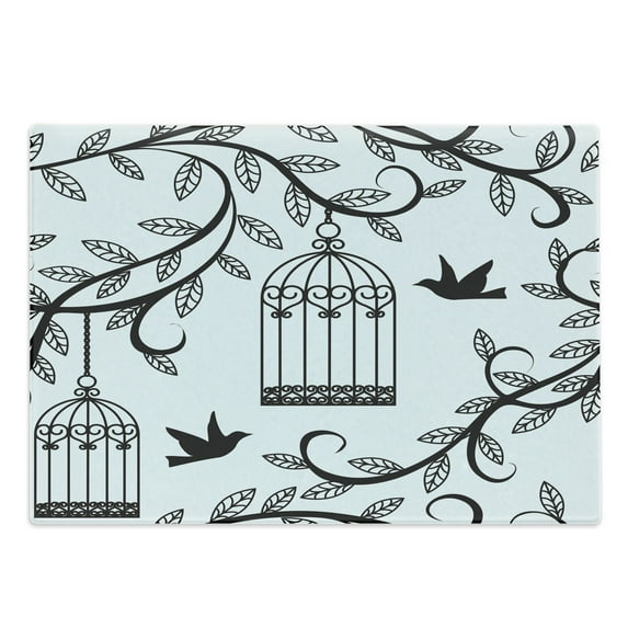 Birds Cutting Board, Ornate Cages Branch of Tree Silhouette and Animals Floral Modern Print, Decorative Tempered Glass Cutting and Serving Board, Large Size, Blue Black, by Ambesonne