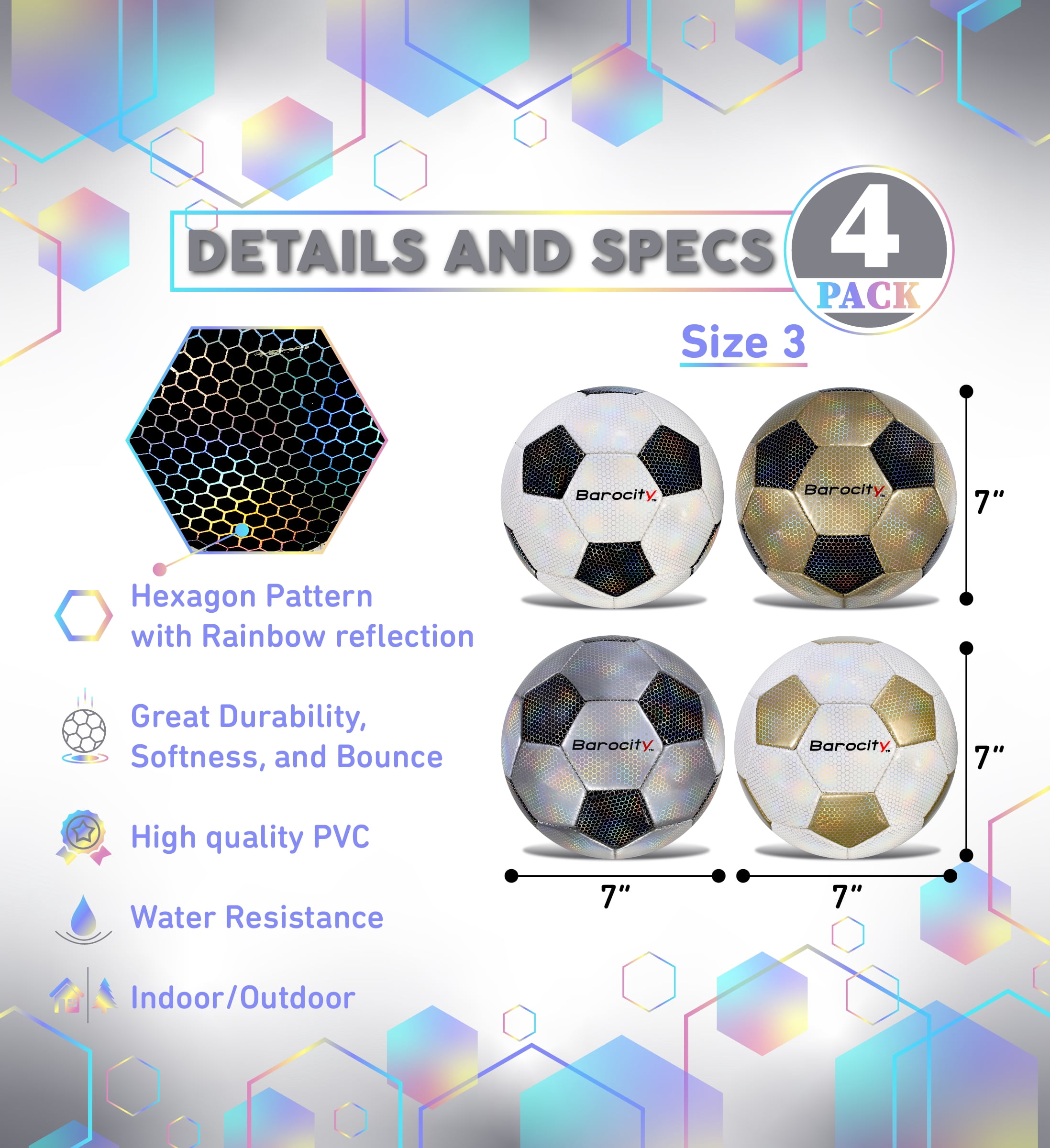 Barocity Iridescent Soccer Balls Set of 4 – Classic Black, Gold, Silver, White Official Match Ball with Reflective Hex Pattern, Sport Soccer Balls for Indoor, Outdoor Training and Practice - Size 3