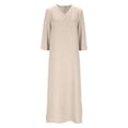 thumbnail image 4 of XAOFW Women's Casual Dresses Retro Solid Color Three Quarter Sleeve V Neck Shirt Dress Outdoor Activities Versatile Cozy Sundress, 4 of 6