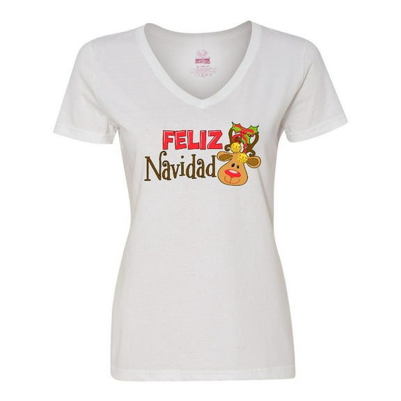 Inktastic Christmas Feliz Navidad with Cute Reindeer Women's V-Neck T-Shirt