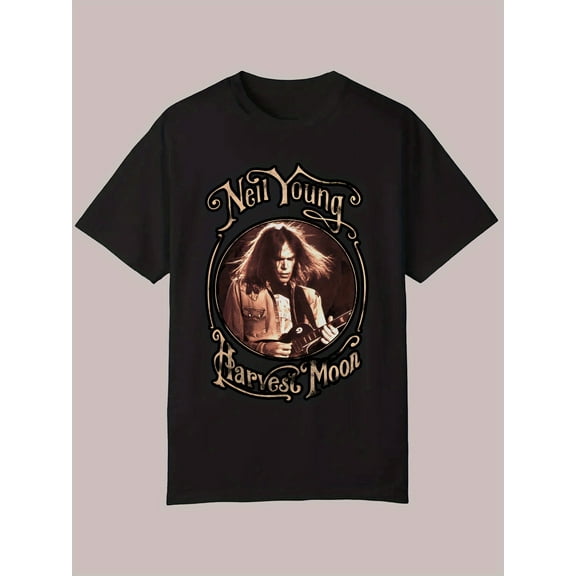 Men's Vintage Neil Young Harvest Moon Graphic T-Shirt - 100% Cotton Breathable Crew Neck Short Sleeve Tee, Lightweight 180gsm Summer Top for Music Lovers & Retro Enthusiasts