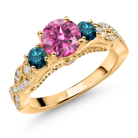 Gem Stone King 18K Yellow Gold Plated Silver Pink Moissanite Blue Diamond and White Moissanite Engagement Ring for Women (1.27 Cttw, Gemstone, Round 6MM and 3MM, Size 7)